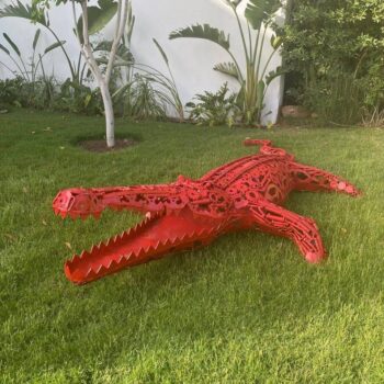 Sculpture métal crocodile en pièces recyclées - Peint